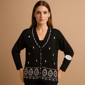 Vtg 1990s All Points Black Beaded Cardigan NWT, Silver Jeweled Ramie Cotton Knit